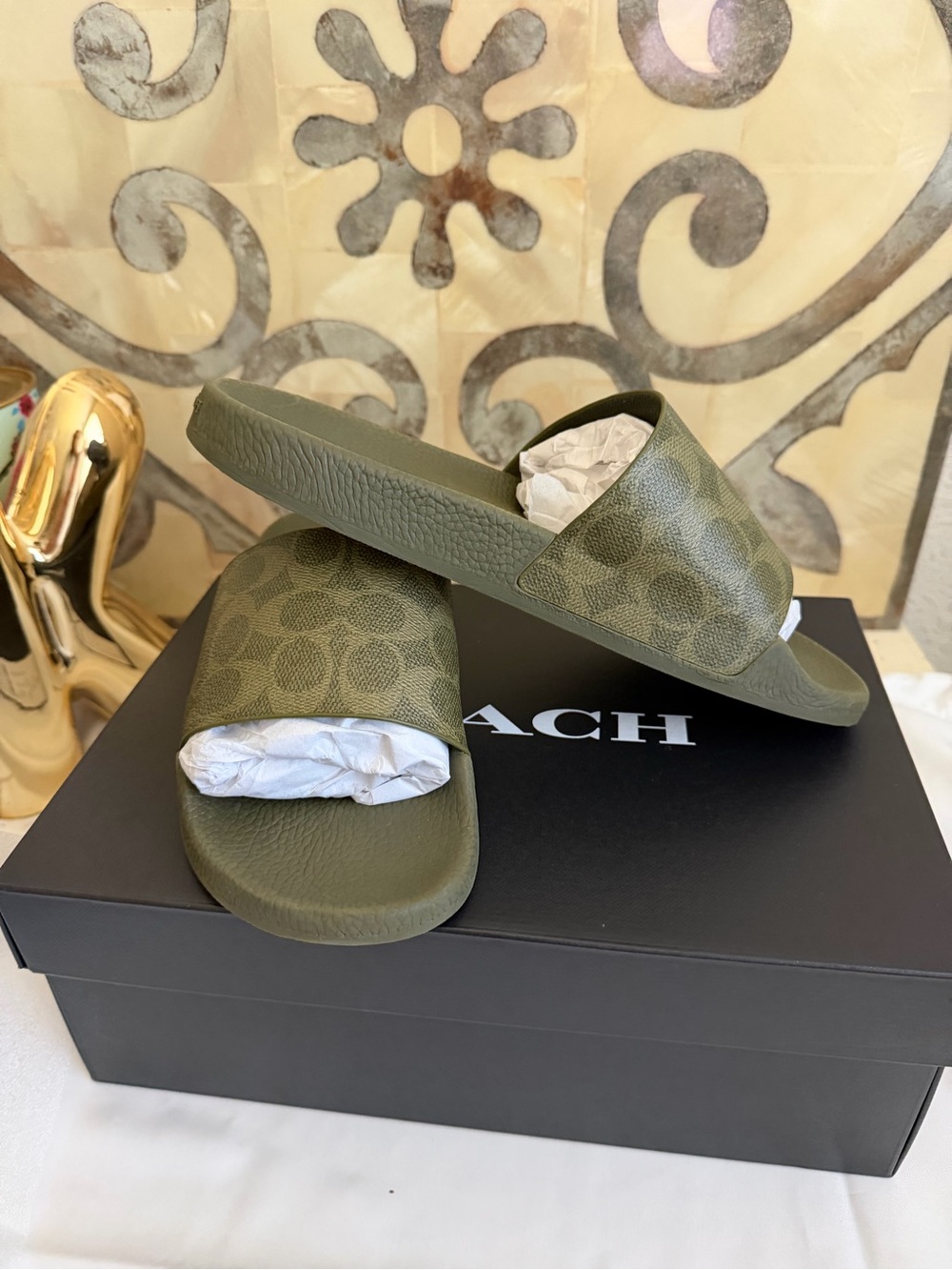 NIB Coach Olive Green Udele Signature Slide Sandals SZ 9